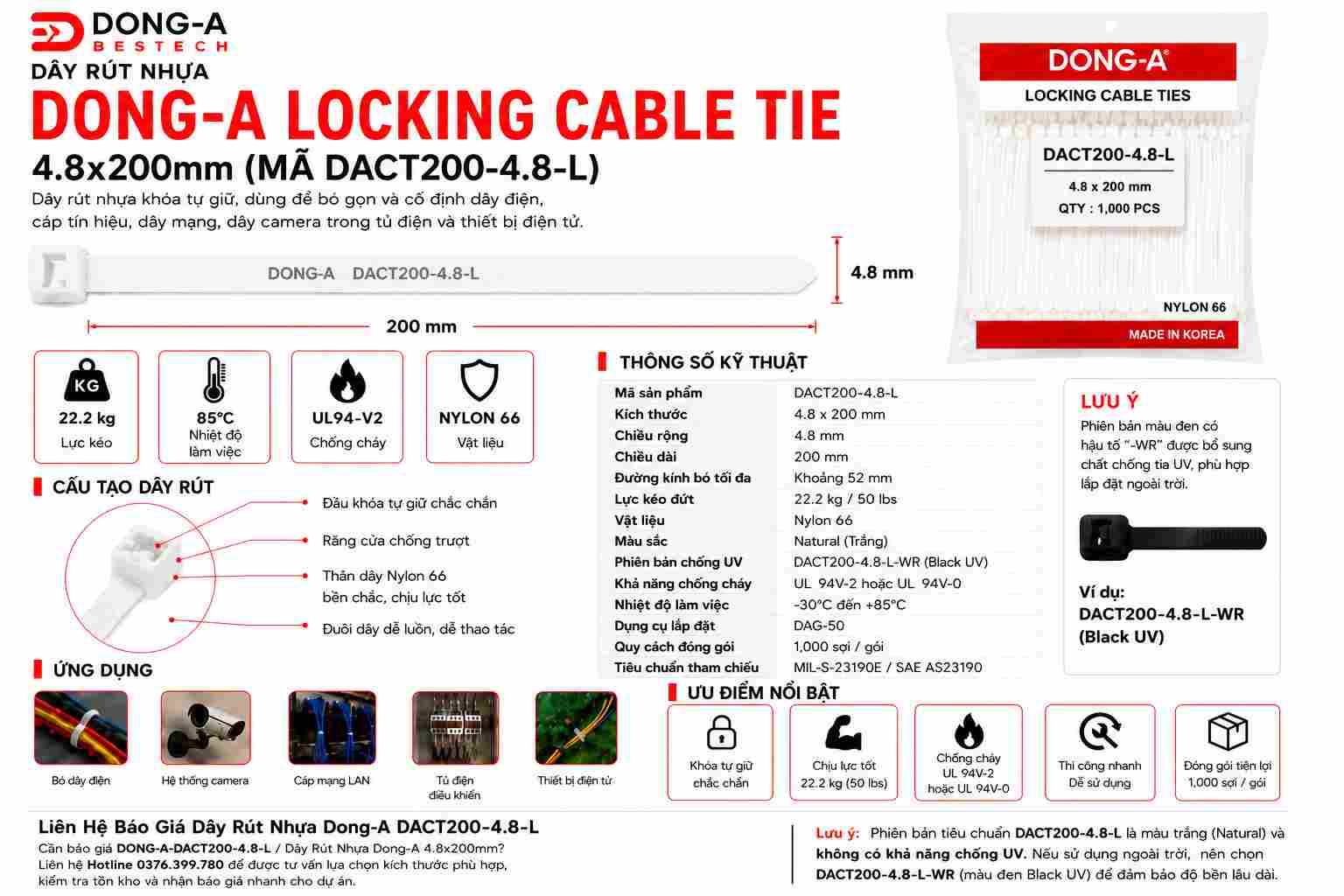 DONG-A-DACT200-4.8-L / Dây Rút Nhựa Dong-A 4.8x200mm