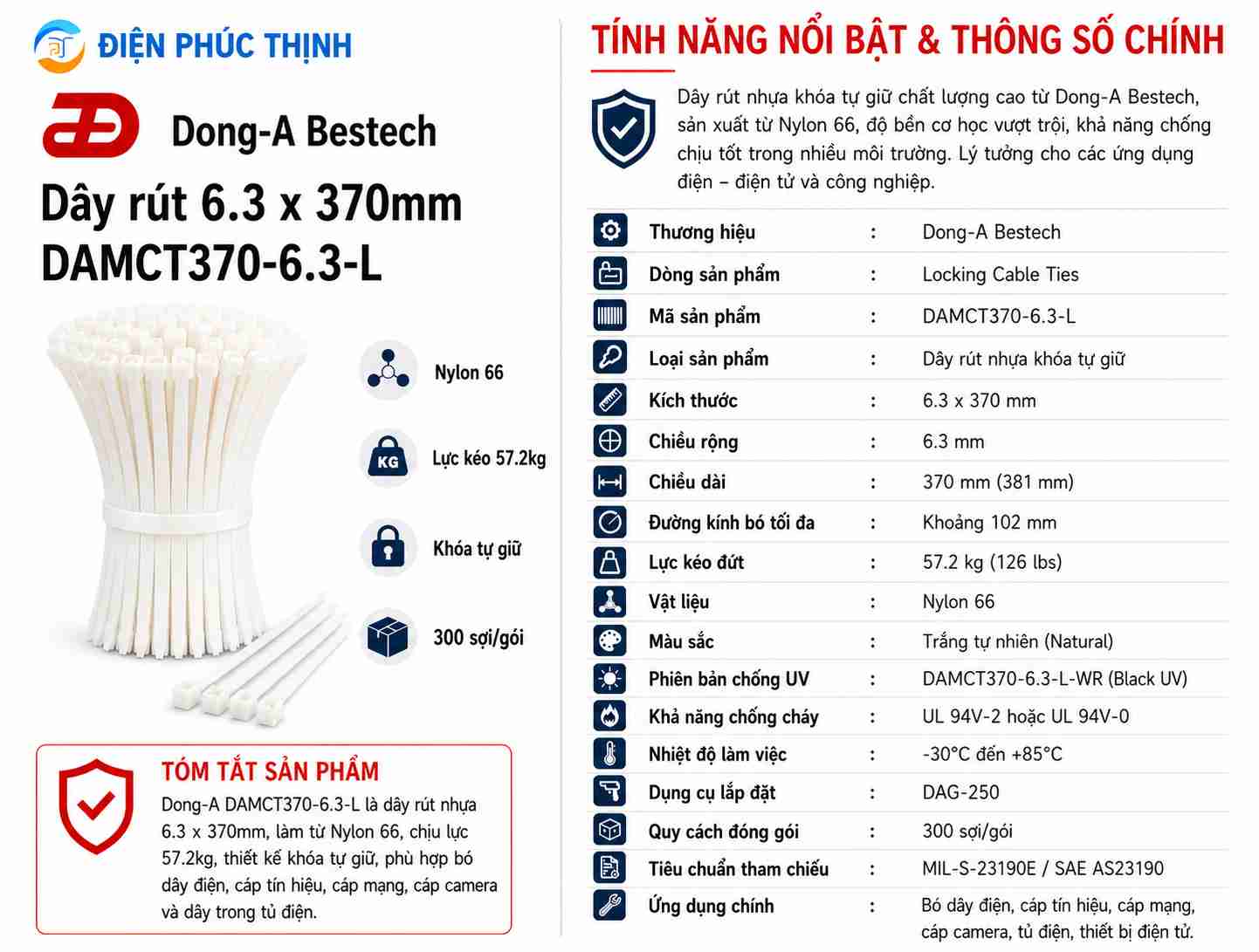 DONG-A-DAMCT370-6.3-L / Dây Rút Nhựa Dong-A 6.3×370mm