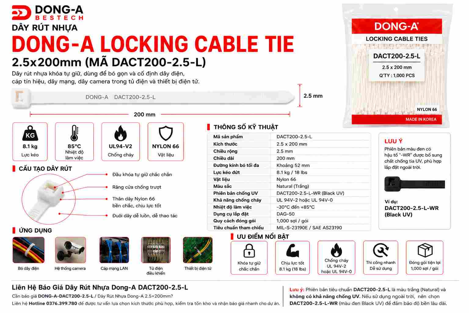 DONG-A-DACT200-2.5-L / Dây Rút Nhựa Dong-A 2.5x200mm