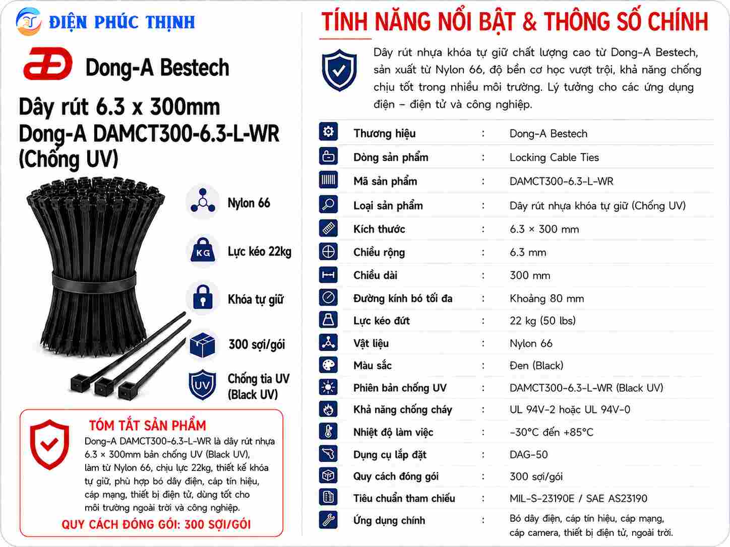 DONG-A-DAMCT300-6.3-L-WR / Dây Rút Nhựa Dong-A 6.3×300mm Chống UV