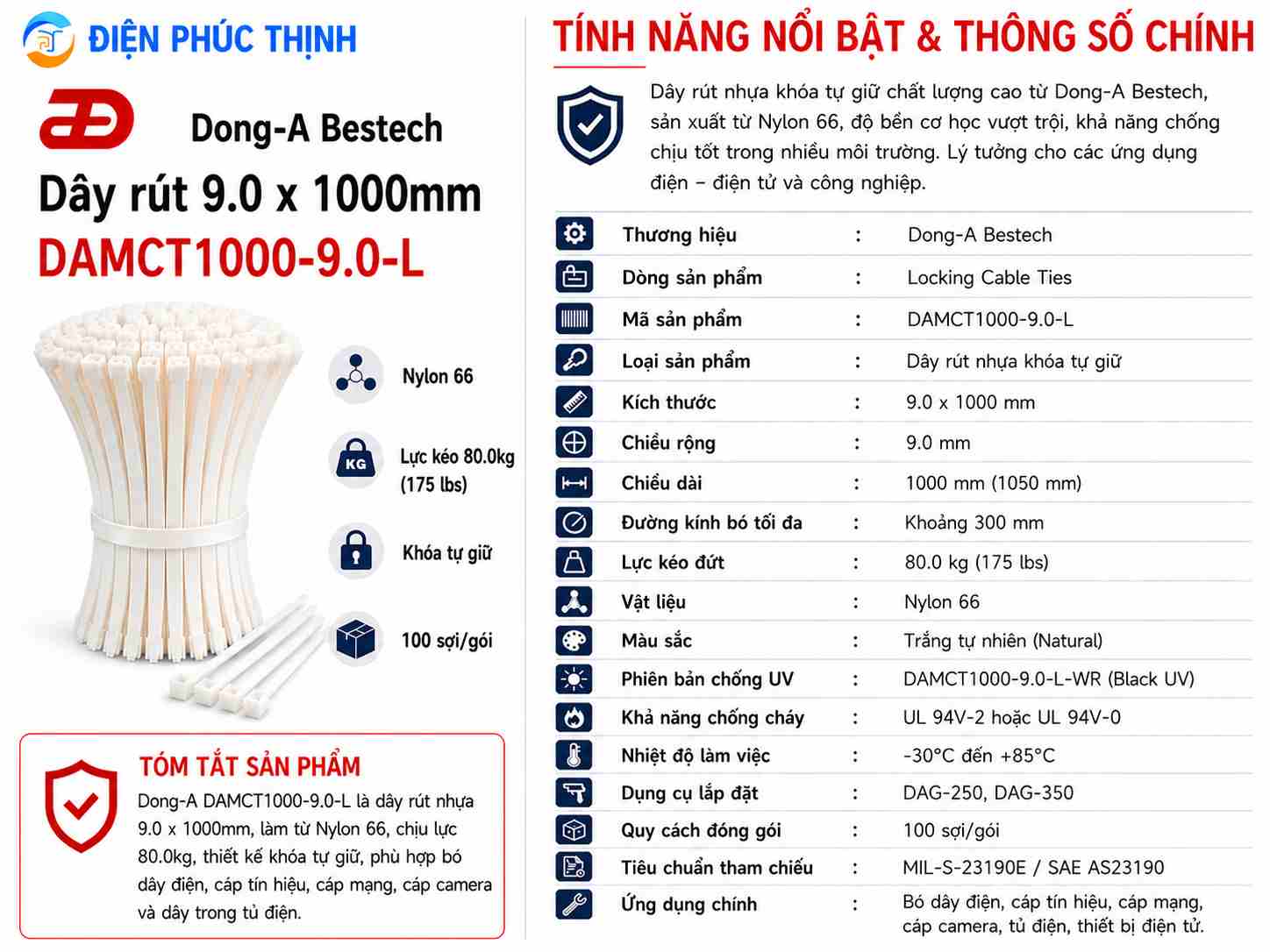 DONG-A-DAMCT1000-9.0-L / Dây Rút Nhựa Dong-A 9.0×1000mm