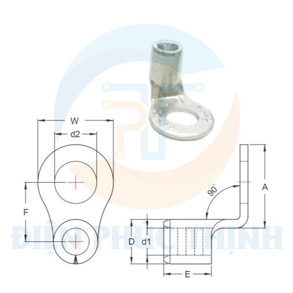 KST-RNBS38-6-90D / Đầu Cosse Tròn Trần 90 Độ KST 38 mm2 (25 Cái/Bịch) - NON-INSULATED RING TERMINALS