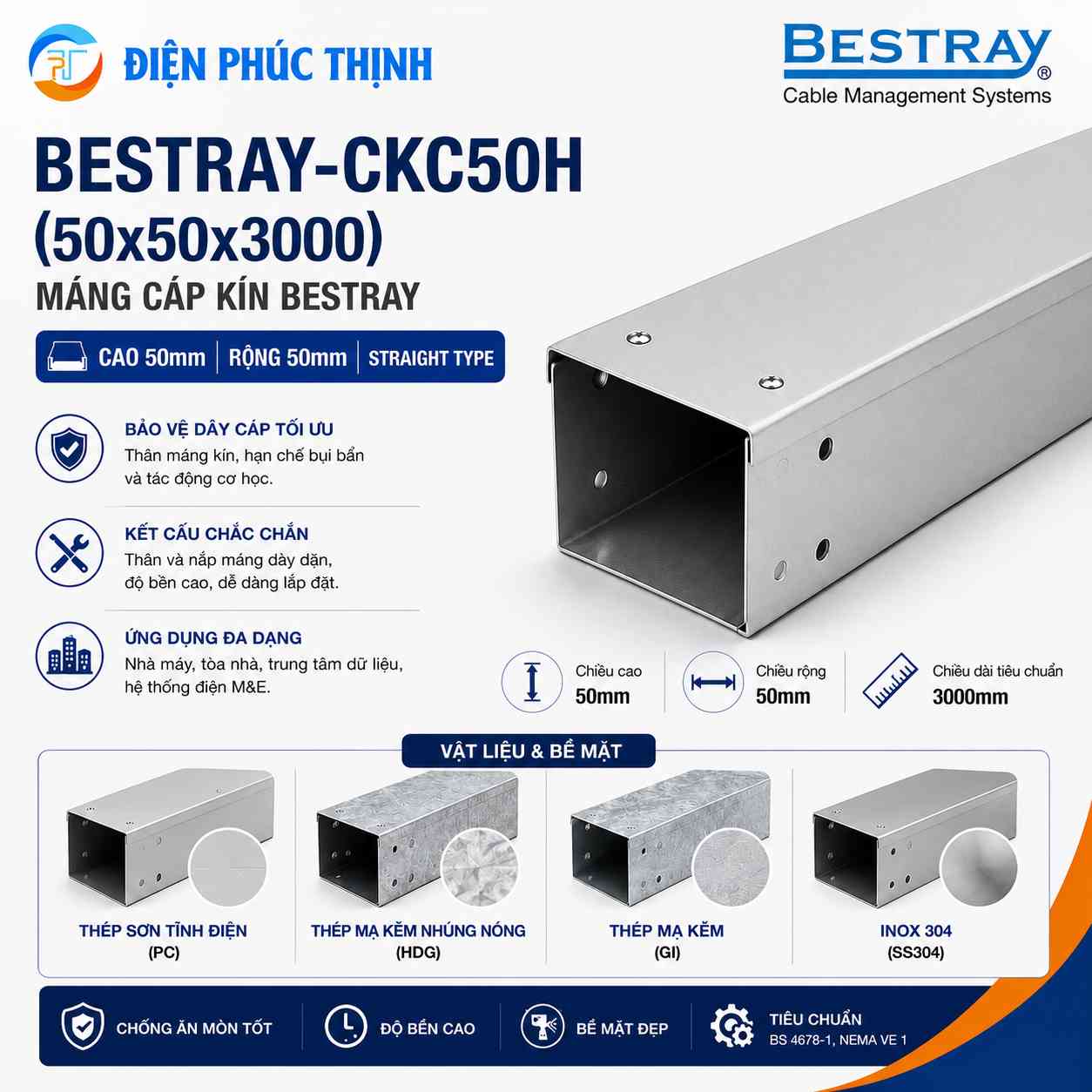 BESTRAY-CKC50H / Máng Cáp Bestray - Dạng Kín 50×50×3000mm