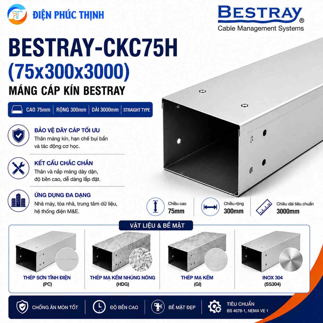 BESTRAY-CKC75H / Máng Cáp Bestray - Dạng Kín 75×300×3000mm