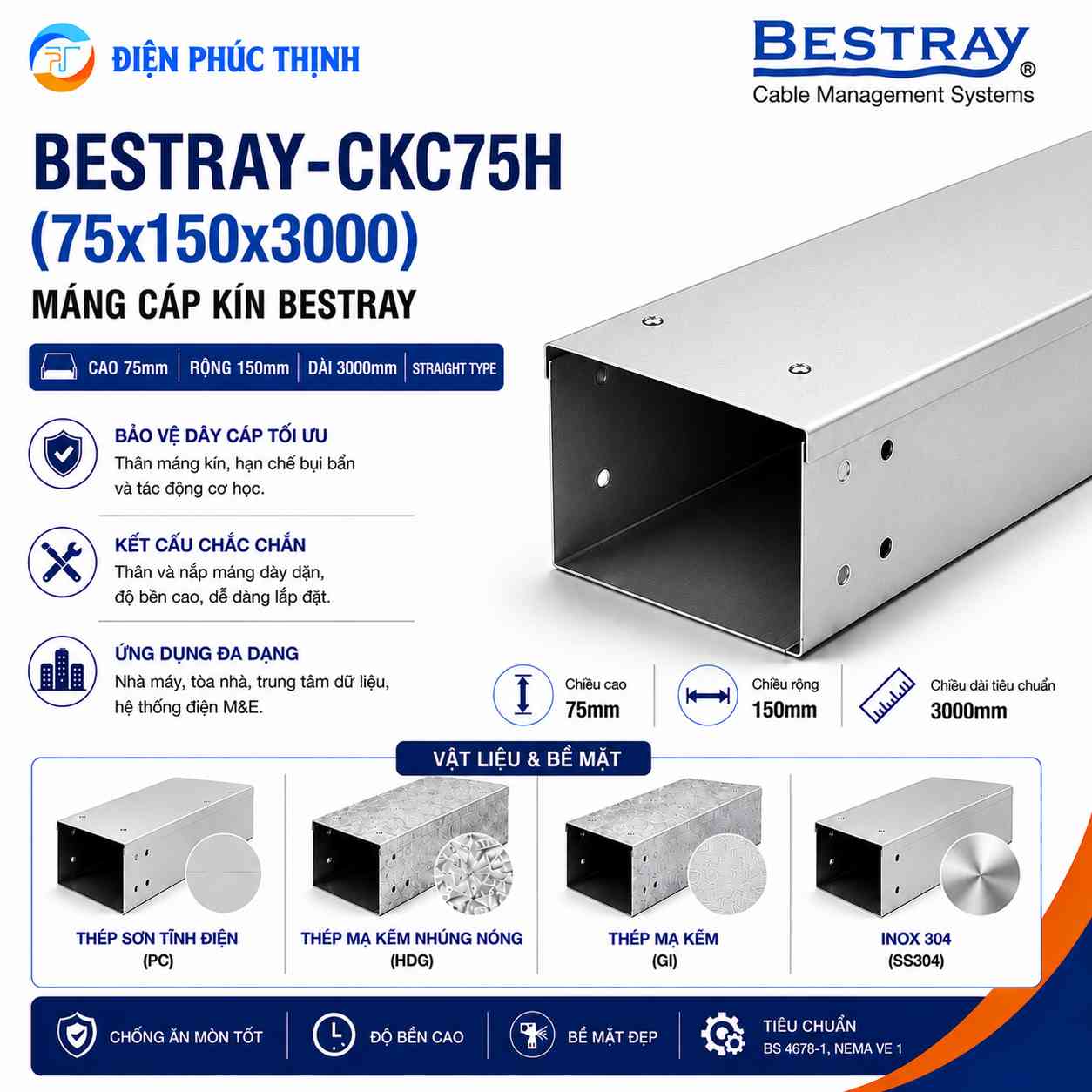 BESTRAY-CKC75H / Máng Cáp Bestray - Dạng Kín 75×150×3000mm