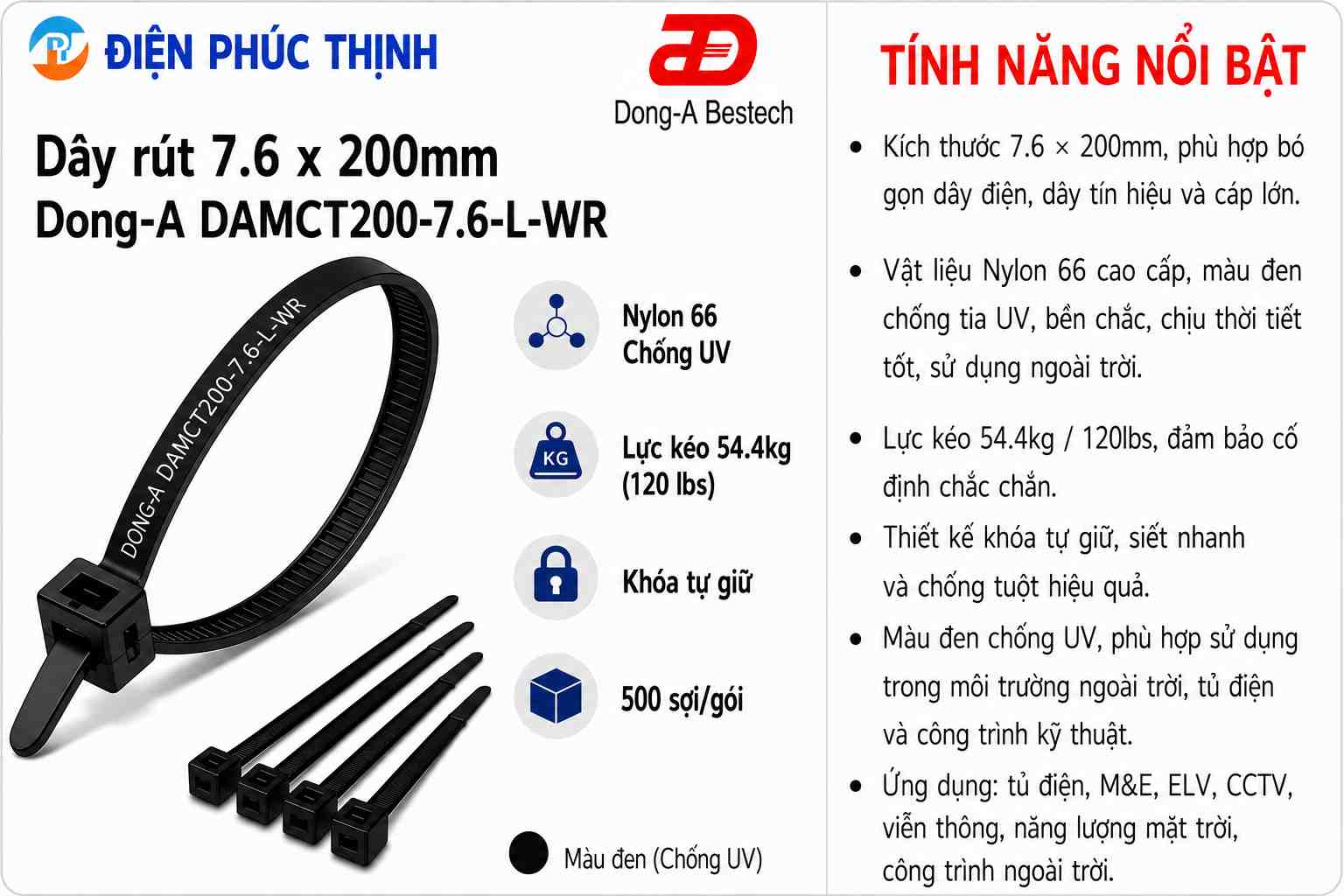 DONG-A-DAMCT200-7.6-L-WR / Dây Rút Nhựa Dong-A 7.6×200mm Chống UV