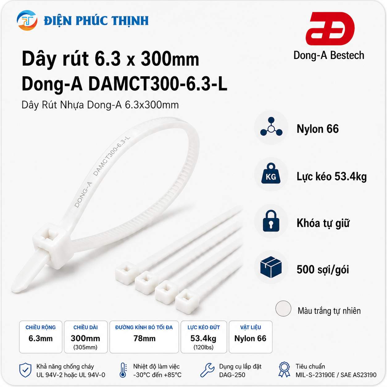 DONG-A-DAMCT300-6.3-L / Dây Rút Nhựa Dong-A 6.3×300mm