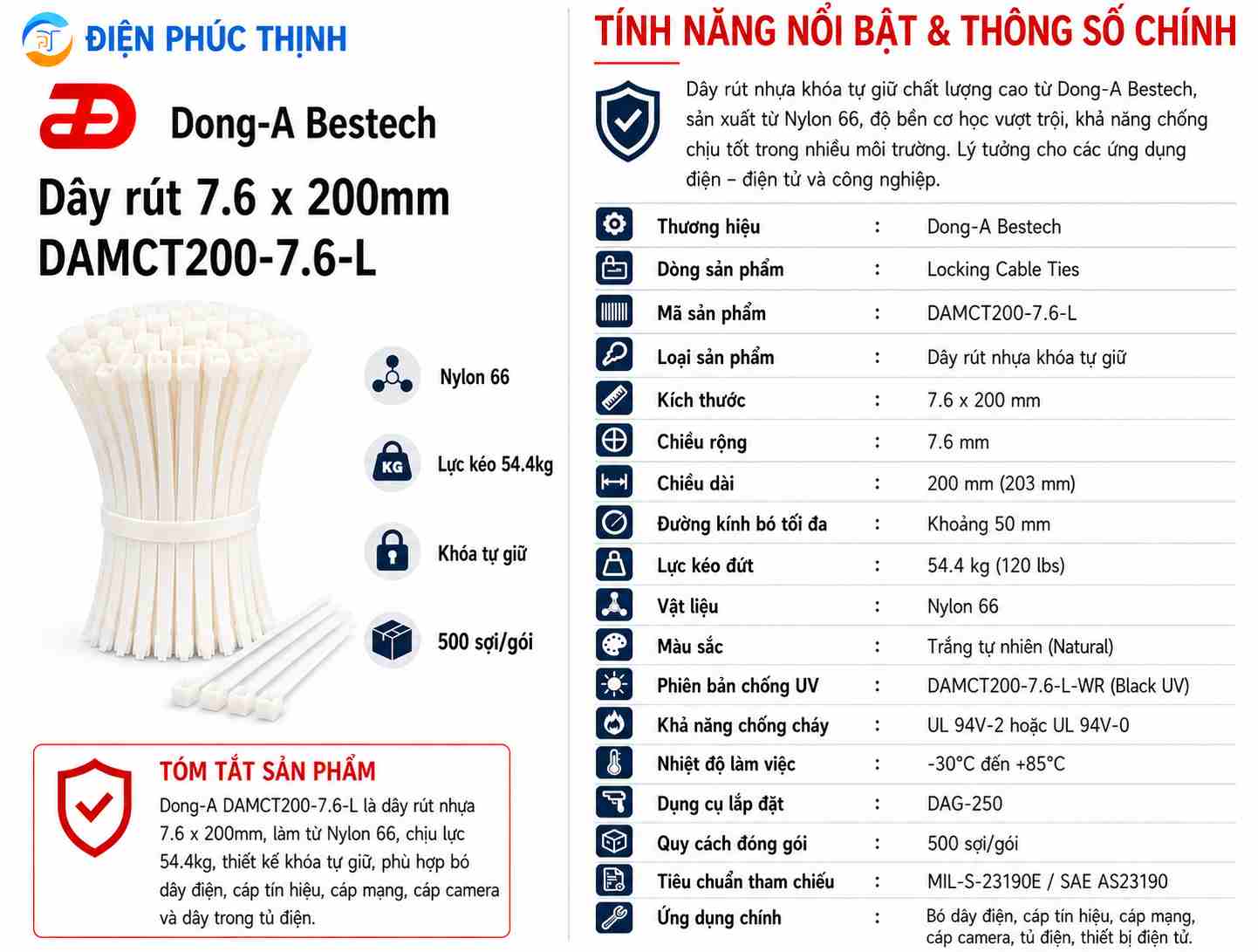 DONG-A-DAMCT200-7.6-L / Dây Rút Nhựa Dong-A 7.6×200mm