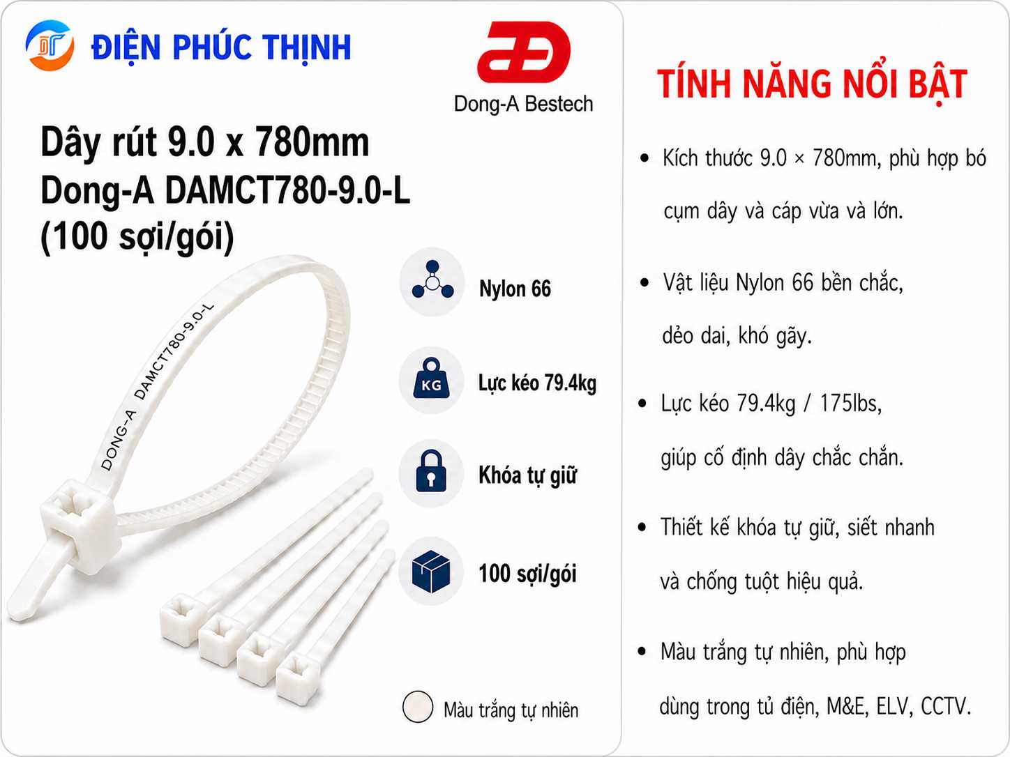 DONG-A-DAMCT780-9.0-L / Dây Rút Nhựa Dong-A 9.0×780mm