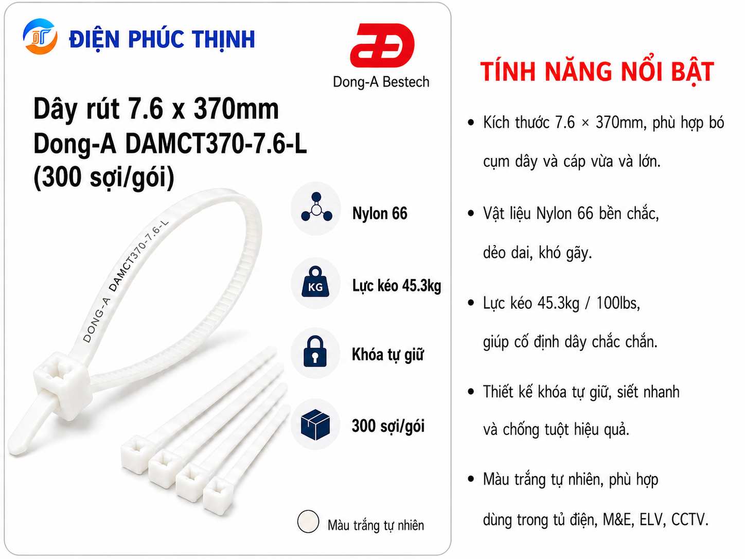 DONG-A-DAMCT370-7.6-L / Dây Rút Nhựa Dong-A 7.6×370mm