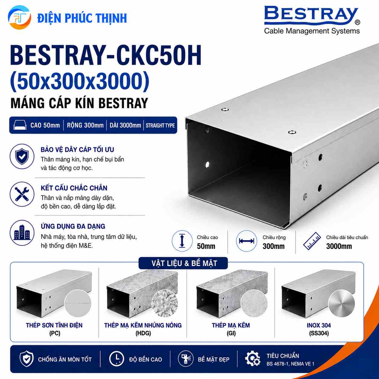 BESTRAY-CKC50H / Máng Cáp Bestray - Dạng Kín 50×300×3000mm