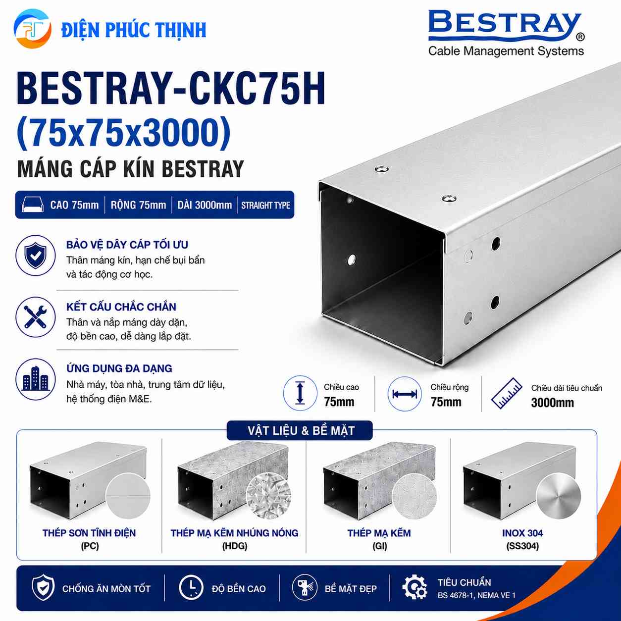 BESTRAY-CKC75H / Máng Cáp Bestray - Dạng Kín 75×75×3000mm