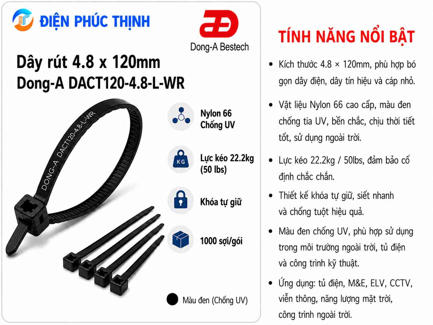 DONG-A-DACT120-4.8-L-WR / Dây Rút Nhựa Dong-A 4.8×120mm Chống UV