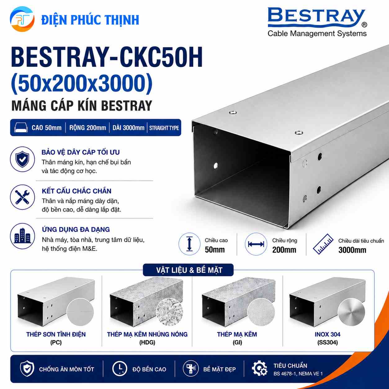 BESTRAY-CKC50H / Máng Cáp Bestray - Dạng Kín 50×200×3000mm