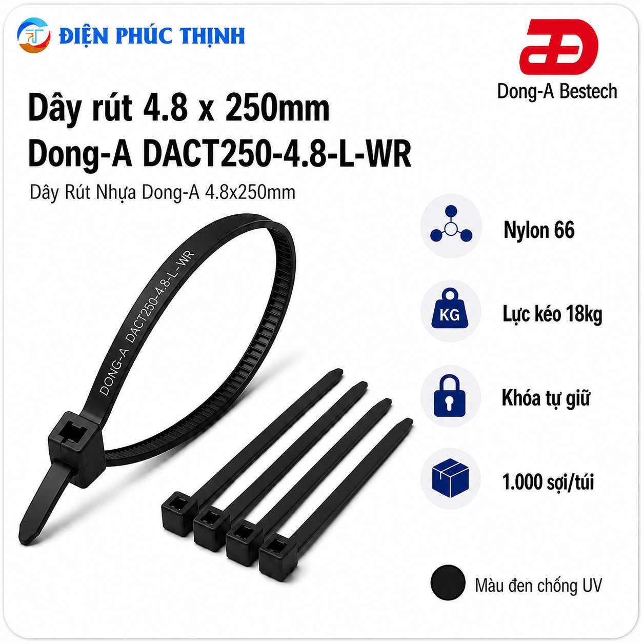 DONG-A-DACT250-4.8-L-WR / Dây Rút Nhựa Dong-A 4.8×250mm Chống UV