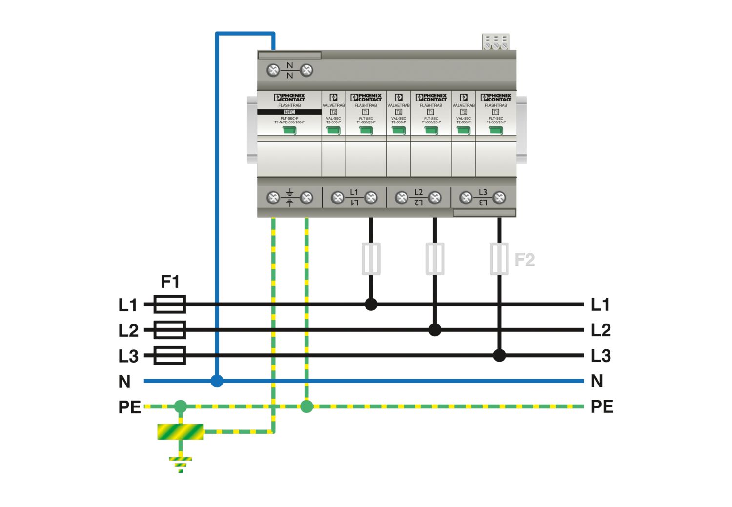 2905470 - Thiết bị chống sét lan truyền FLT-SEC-T1+T2-3S-350/25-FM / Plug-in lightning and surge arrester combination Phoenix Contact