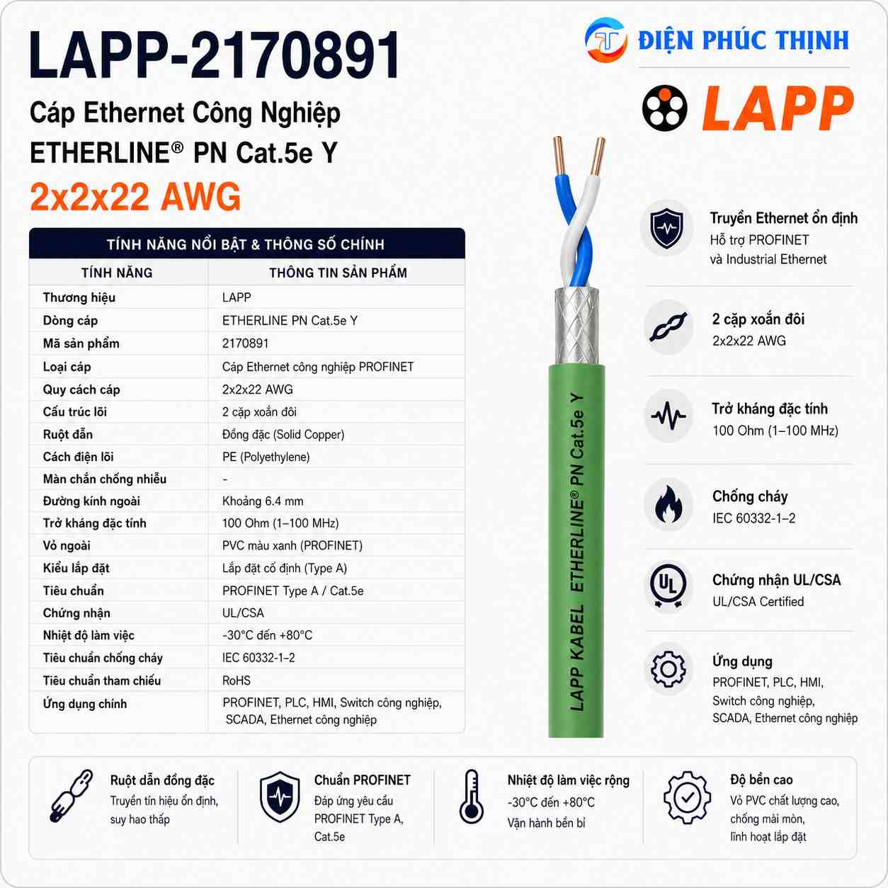 LAPP-2170891 / Cáp ETHERLINE PN Cat.5e Y 2x2x22 AWG