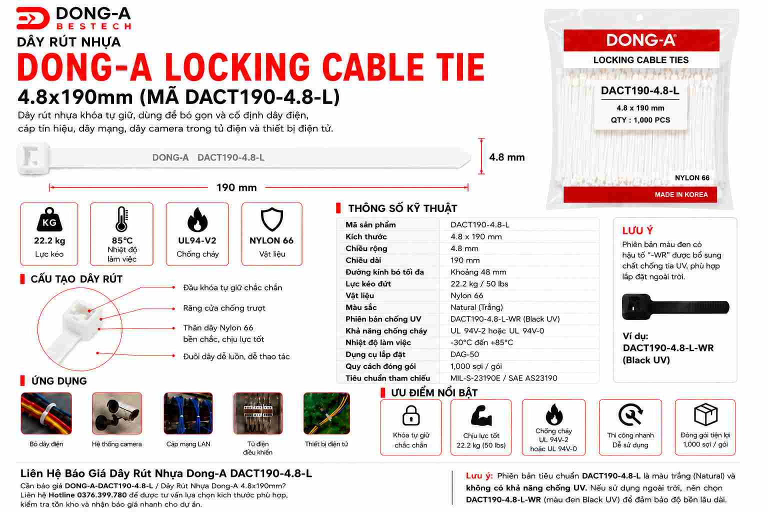 DONG-A-DACT190-4.8-L / Dây Rút Nhựa Dong-A 4.8x190mm