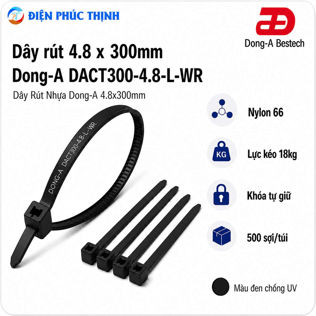DONG-A-DACT300-4.8-L-WR / Dây Rút Nhựa Dong-A 4.8×300mm Chống UV