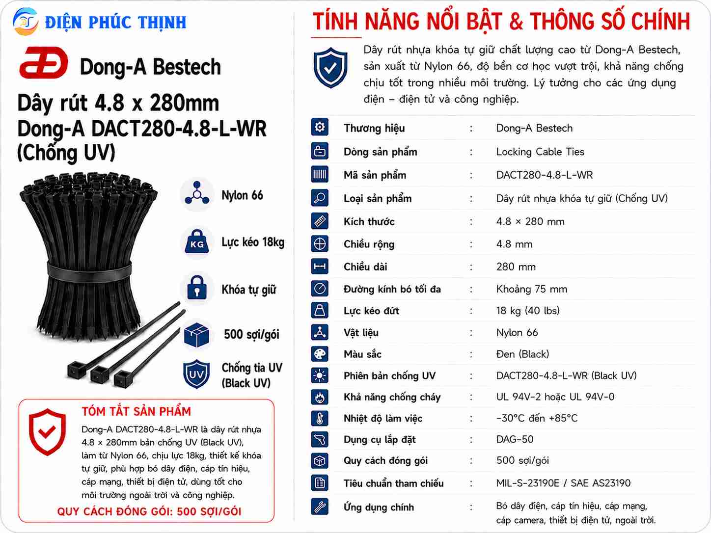 DONG-A-DACT280-4.8-L-WR / Dây Rút Nhựa Dong-A 4.8×280mm Chống UV