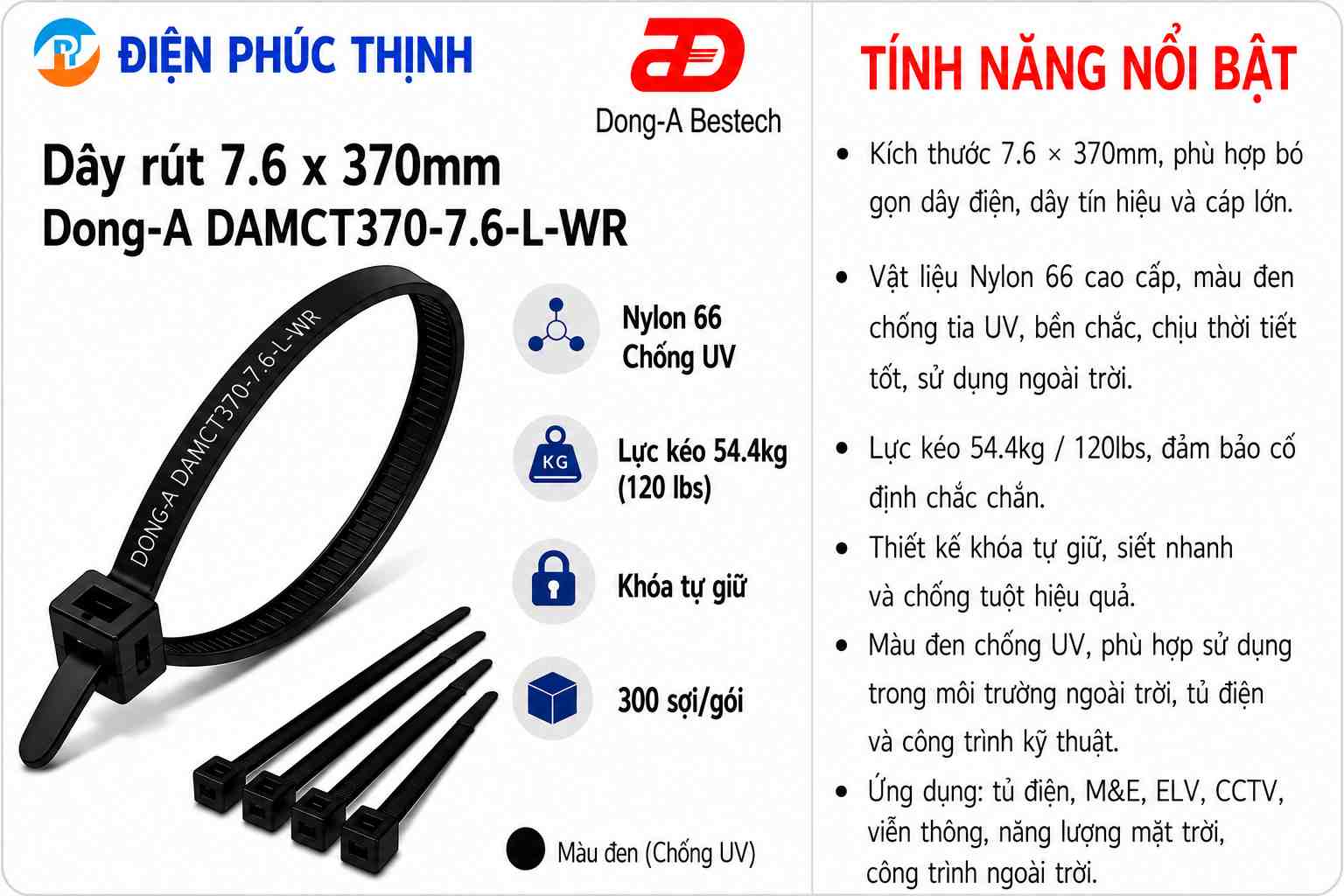 DONG-A-DAMCT370-7.6-L-WR / Dây Rút Nhựa Dong-A 7.6×370mm Chống UV