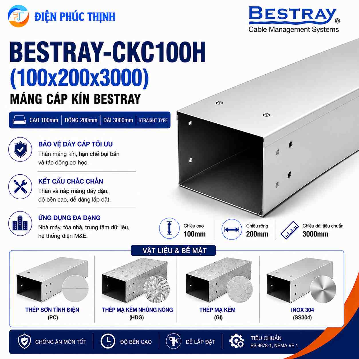 BESTRAY-CKC100H / Máng Cáp Kín Bestray 100×200×3000mm