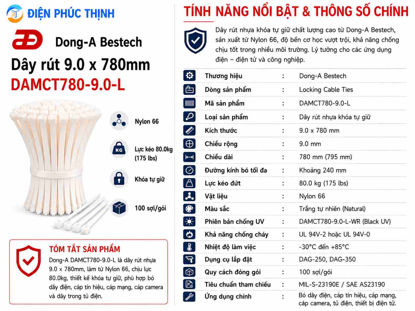 DONG-A-DAMCT780-9.0-L / Dây Rút Nhựa Dong-A 9.0×780mm