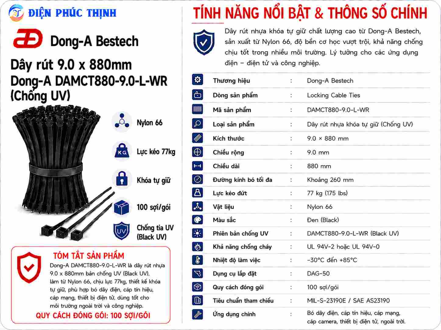 DONG-A-DAMCT880-9.0-L-WR / Dây Rút Nhựa Dong-A 9.0×880mm Chống UV