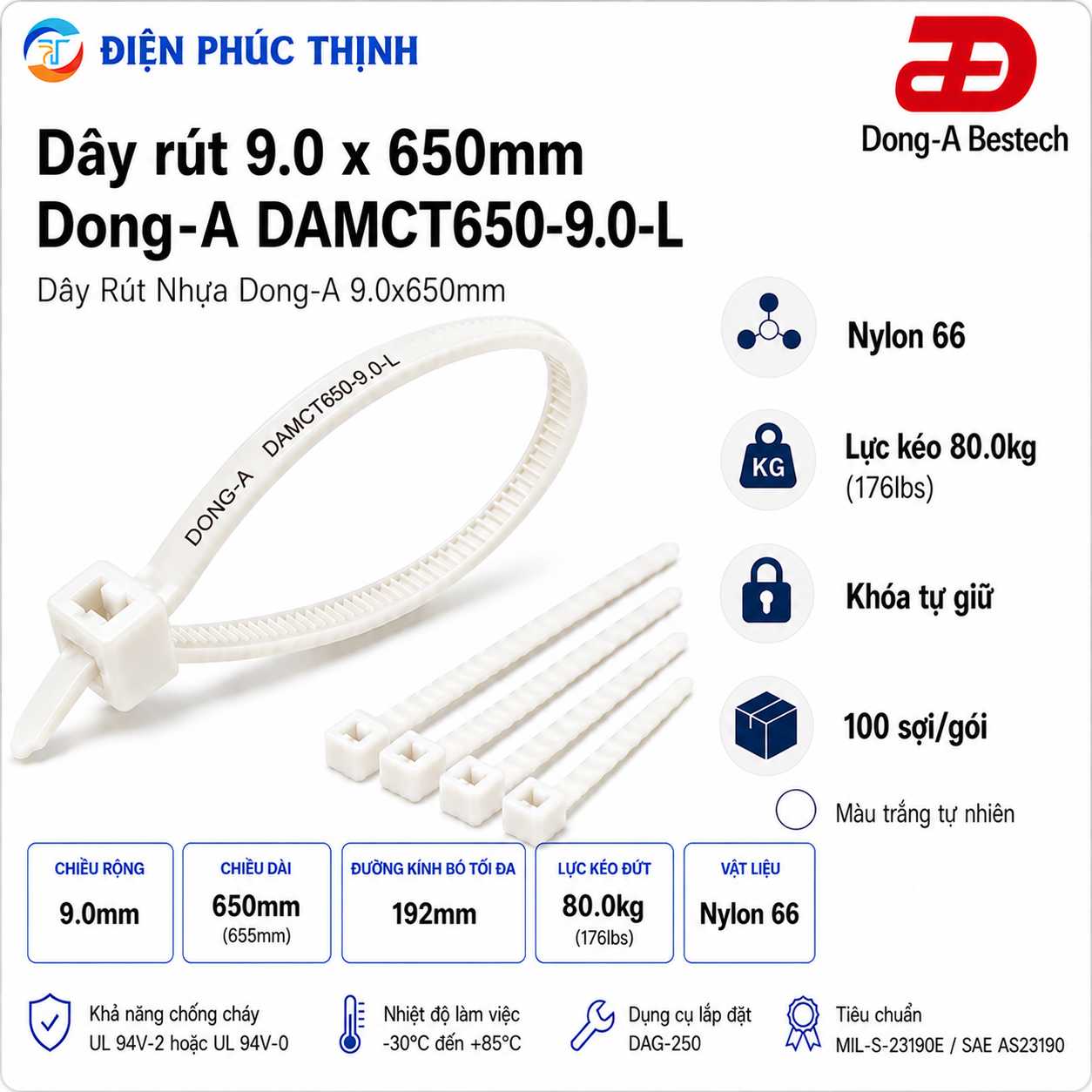 DONG-A-DAMCT650-9.0-L / Dây Rút Nhựa Dong-A 9.0×650mm