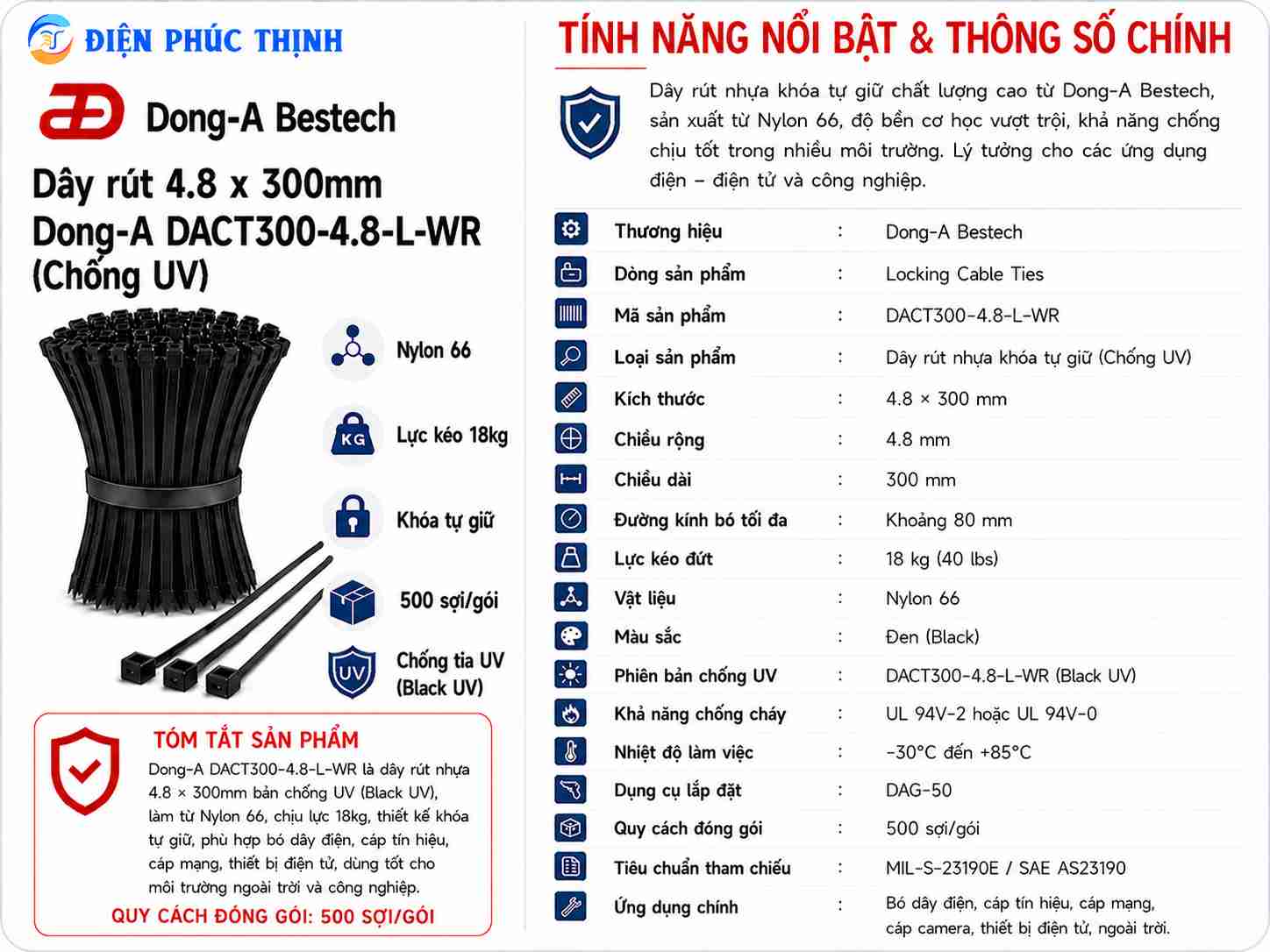 DONG-A-DACT300-4.8-L-WR / Dây Rút Nhựa Dong-A 4.8×300mm Chống UV