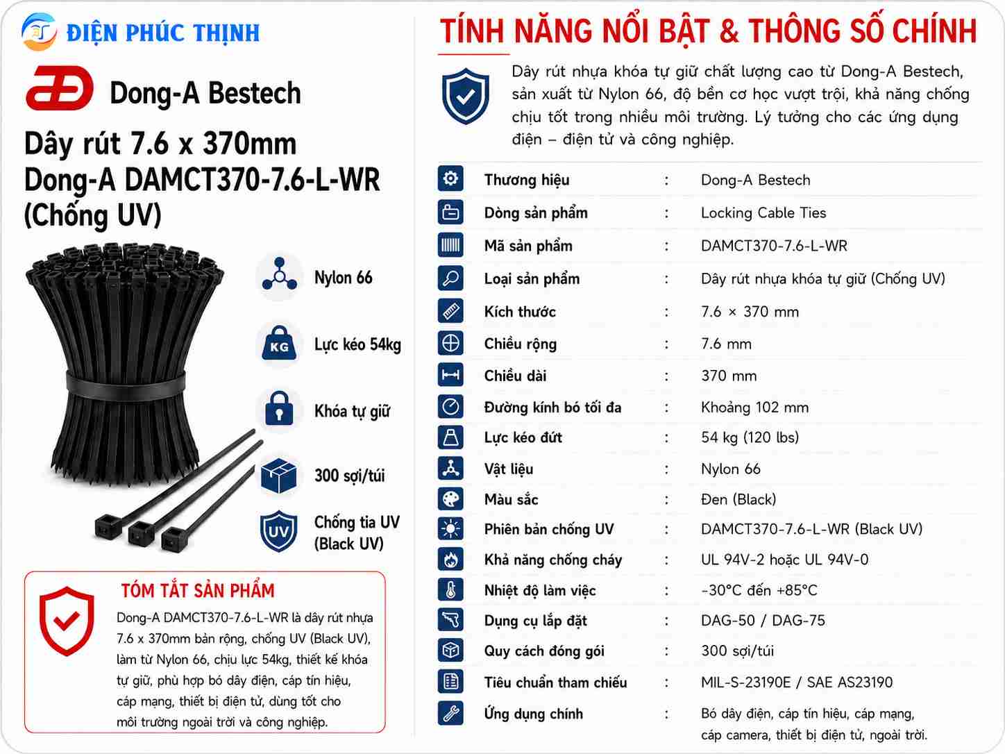 DONG-A-DAMCT370-7.6-L-WR / Dây Rút Nhựa Dong-A 7.6×370mm Chống UV