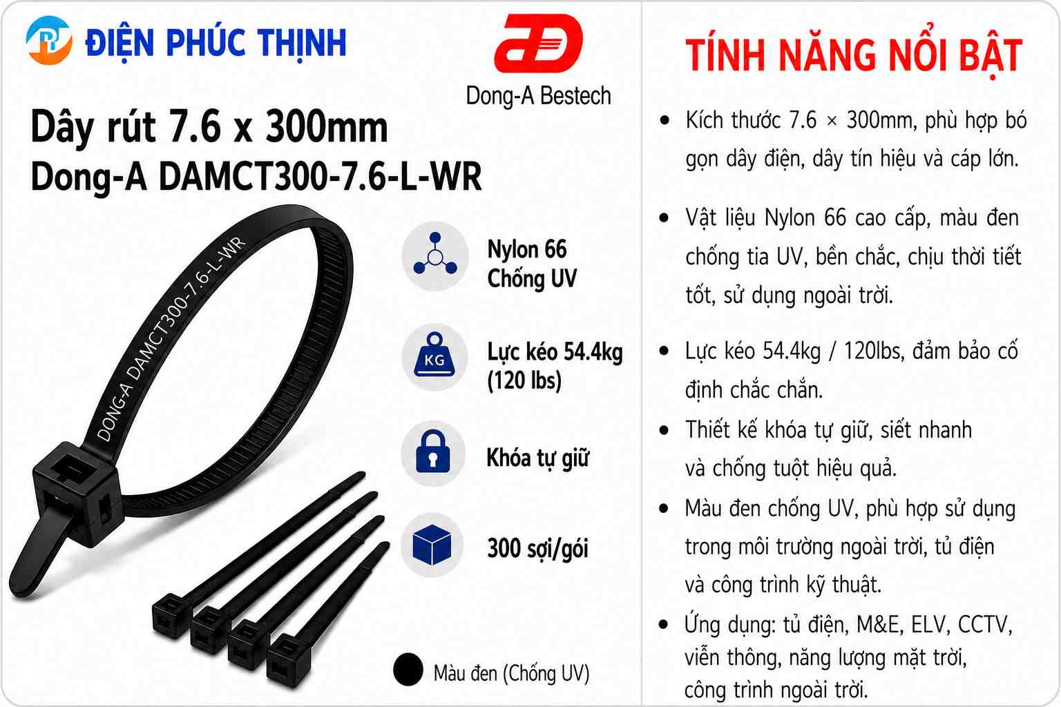 DONG-A-DAMCT300-7.6-L-WR / Dây Rút Nhựa Dong-A 7.6×300mm Chống UV