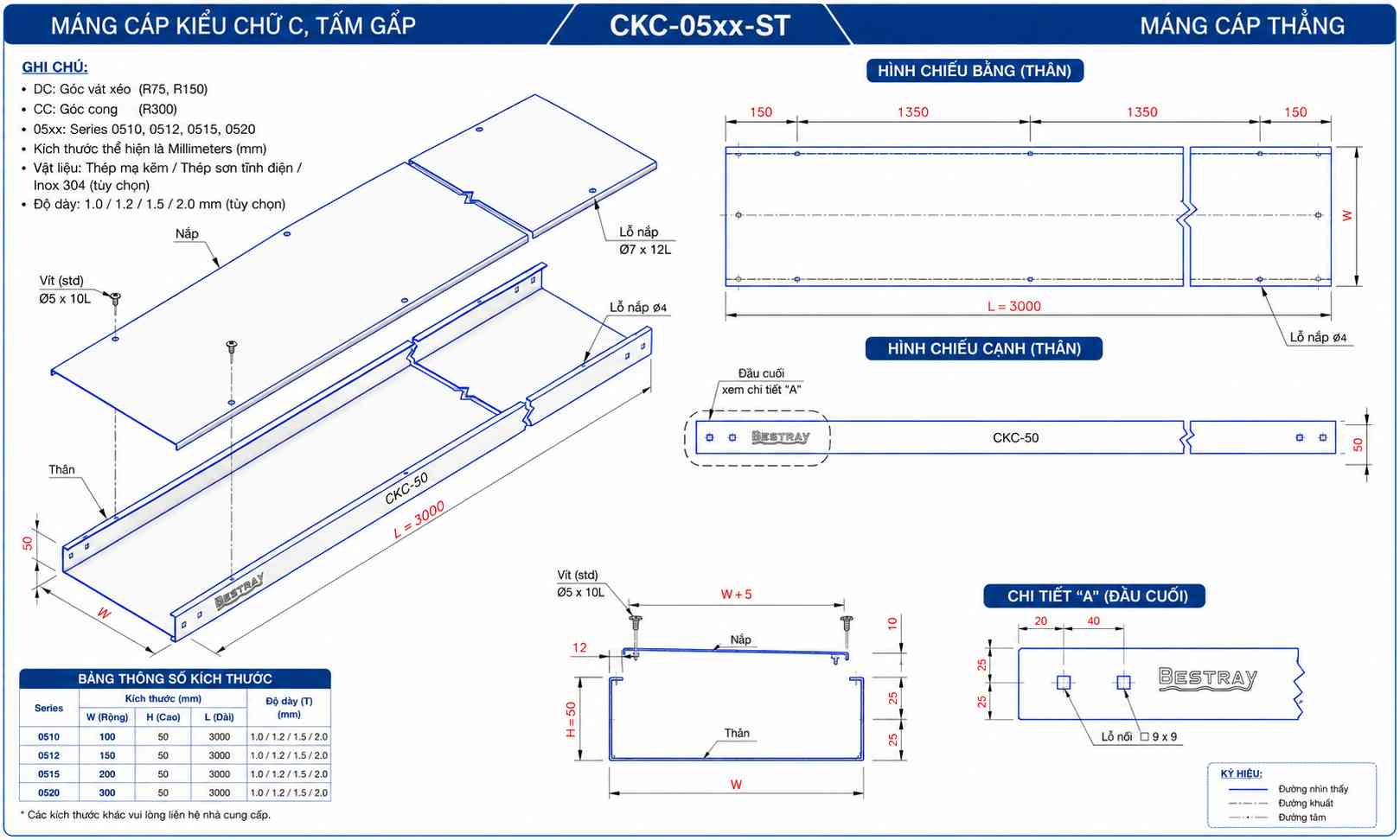BESTRAY-CKC50H / Máng Cáp Bestray - Dạng Kín 50×50×3000mm
