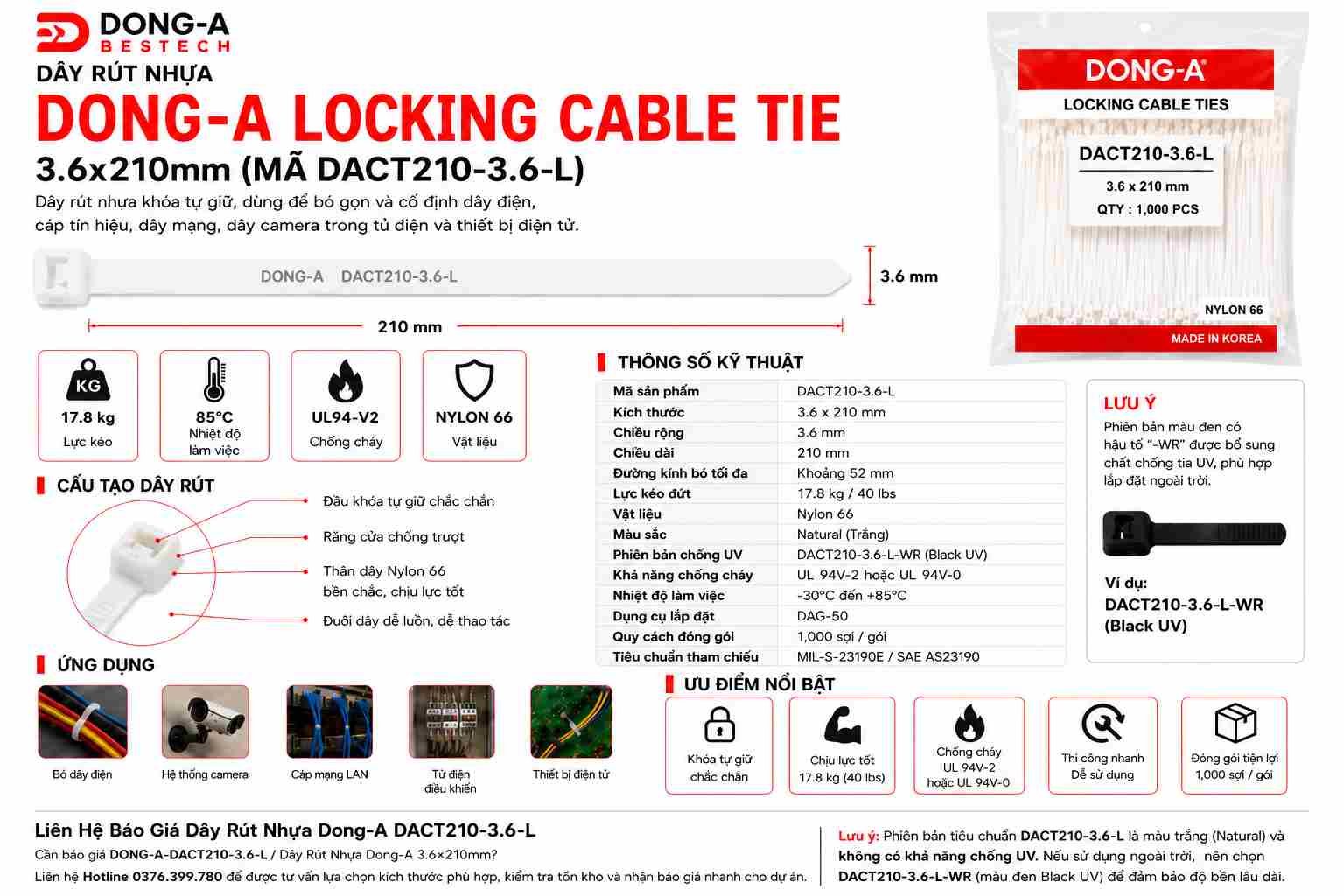 DONG-A-DACT210-3.6-L / Dây Rút Nhựa Dong-A 3.6x210mm