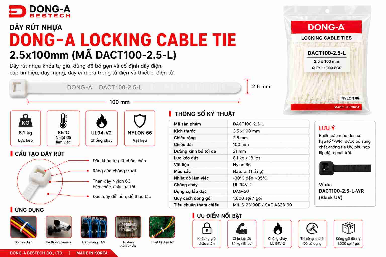 DONG-A-DACT100-2.5-L / Dây Rút Nhựa Dong-A 2.5x100mm