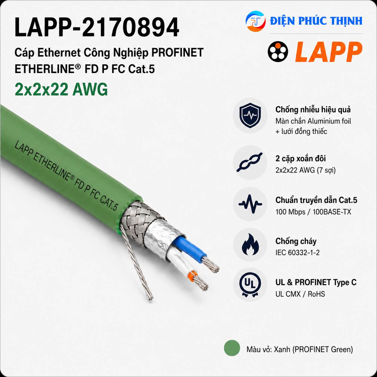LAPP-2170894 / Cáp ETHERLINE FD P FC UL/CSA CAT.5 2x2x22 AWG