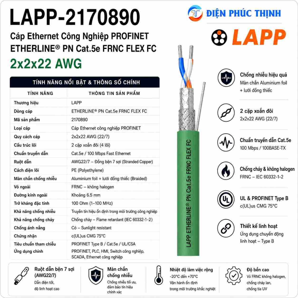 LAPP-2170890 / Cáp ETHERLINE PN Cat.5e FRNC FLEX FC 2x2x22 AWG