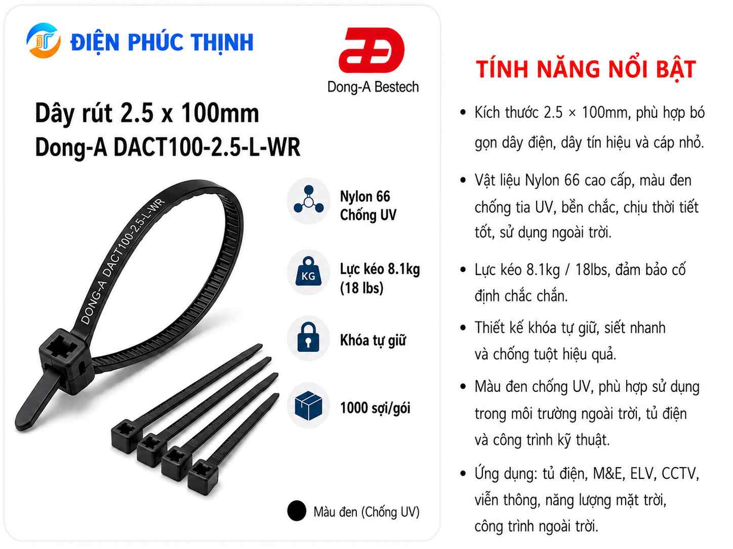 DONG-A-DACT100-2.5-L-WR / Dây Rút Nhựa Chống UV Dong-A 2.5×100mm
