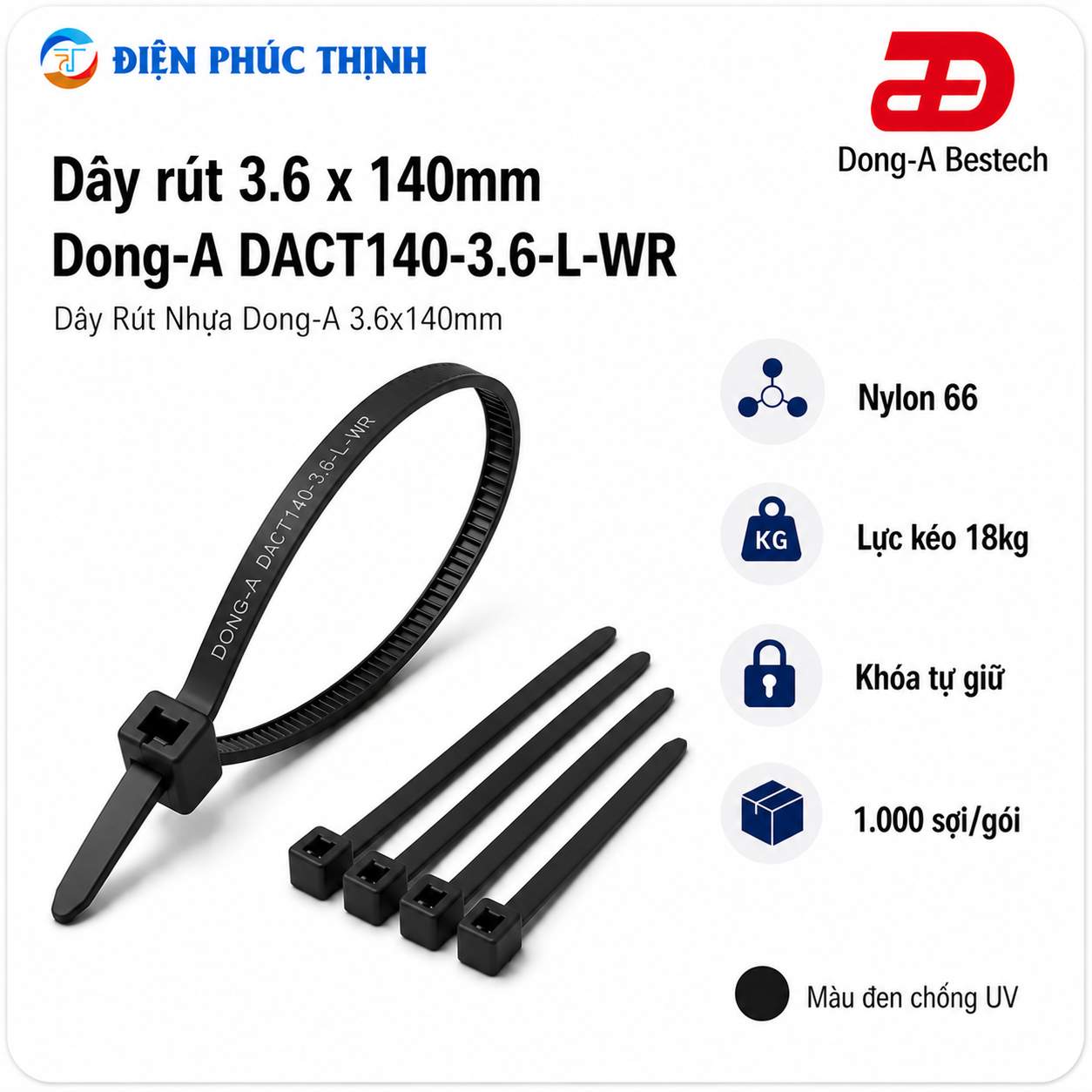 DONG-A-DACT140-3.6-L-WR / Dây Rút Nhựa Dong-A 3.6×140mm Chống UV