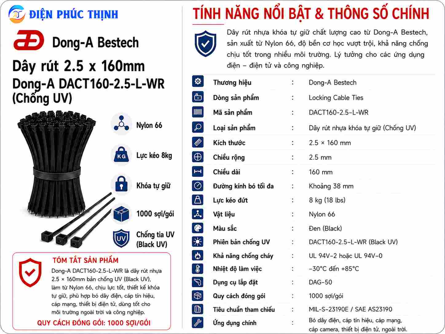 DONG-A-DACT160-2.5-L-WR / Dây Rút Nhựa Chống UV Dong-A 2.5×160mm