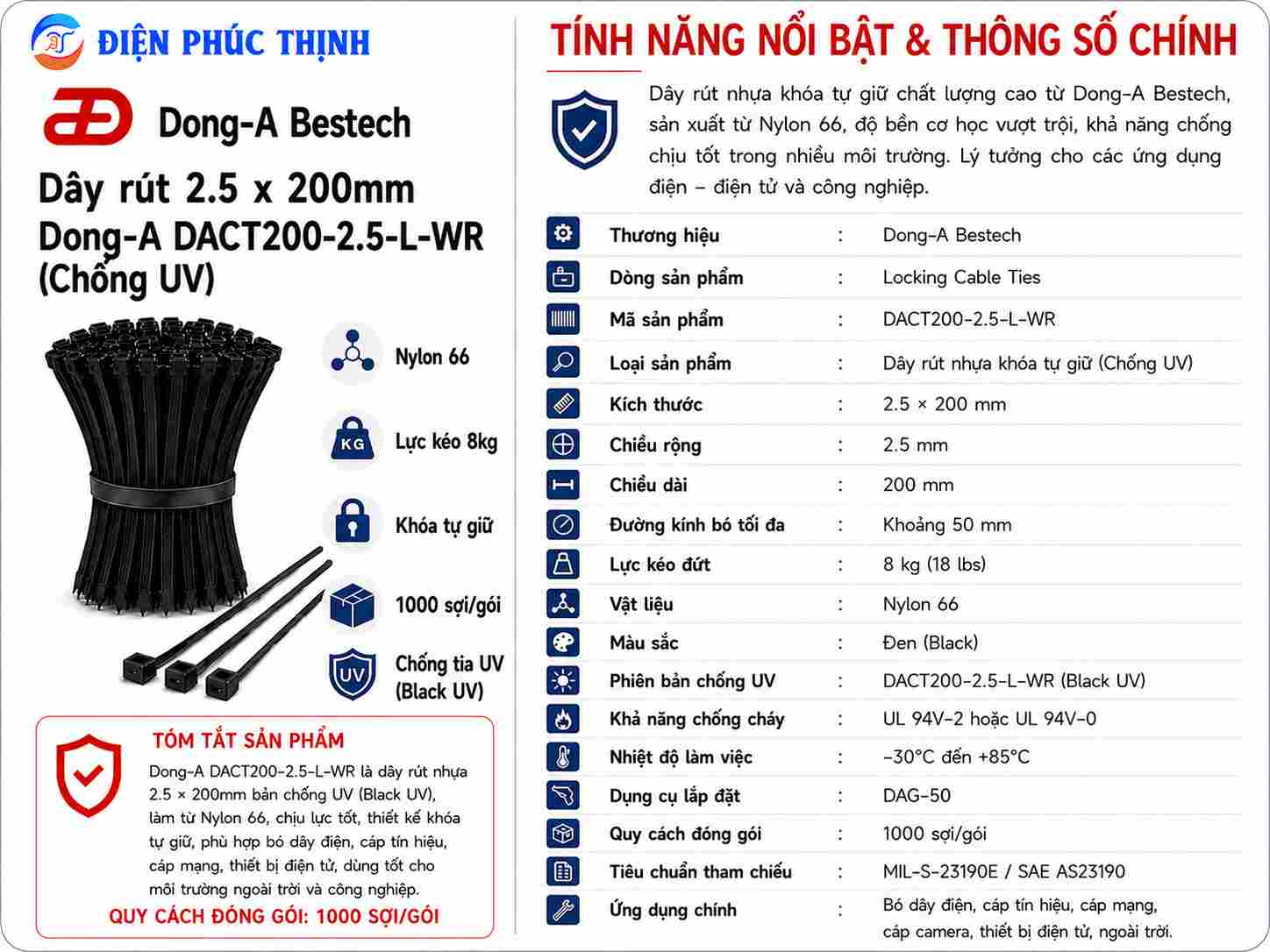 DONG-A-DACT200-2.5-L-WR / Dây Rút Nhựa Dong-A 2.5×200mm Chống UV