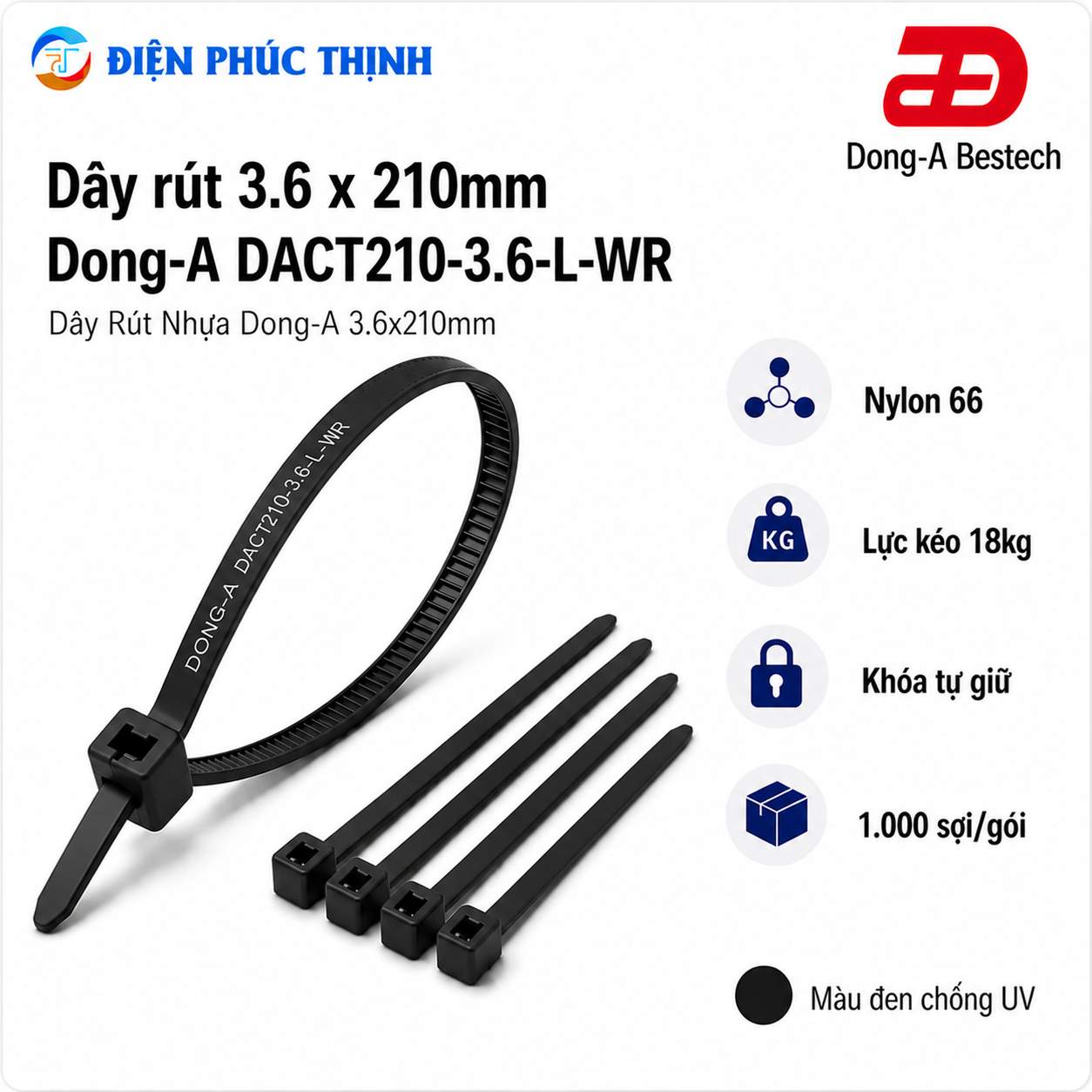DONG-A-DACT210-3.6-L-WR / Dây Rút Nhựa Dong-A 3.6×210mm Chống UV