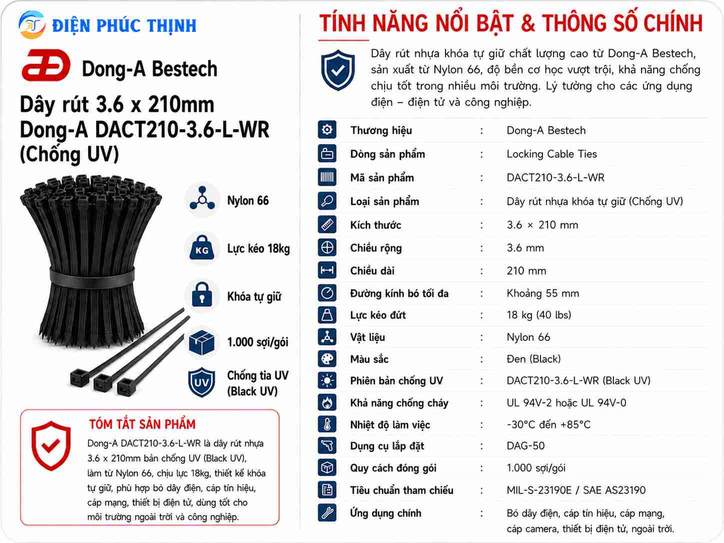 DONG-A-DACT210-3.6-L-WR / Dây Rút Nhựa Dong-A 3.6×210mm Chống UV