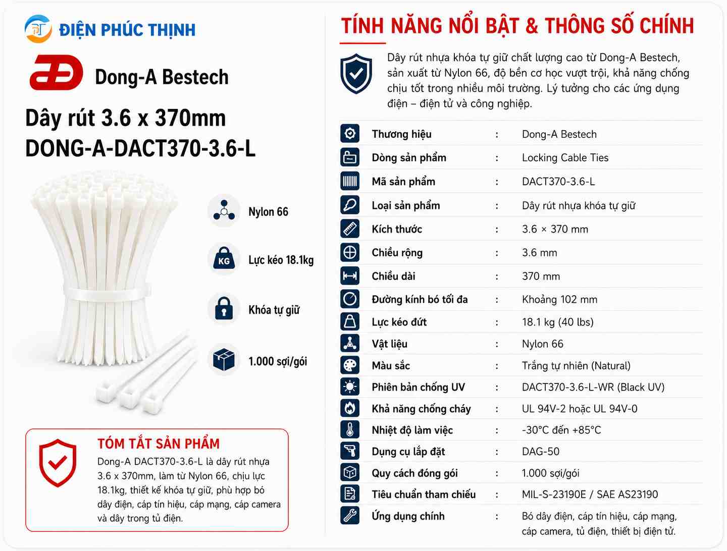 DONG-A-DACT210-3.6-L / Dây Rút Nhựa Dong-A 3.6x210mm