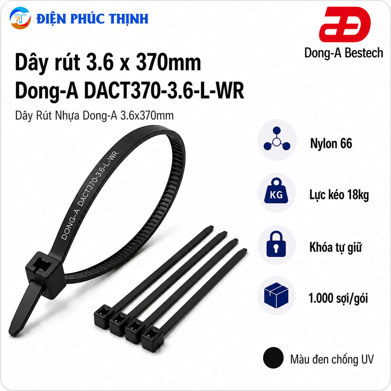 DONG-A-DACT370-3.6-L-WR / Dây Rút Nhựa Dong-A 3.6×370mm Chống UV