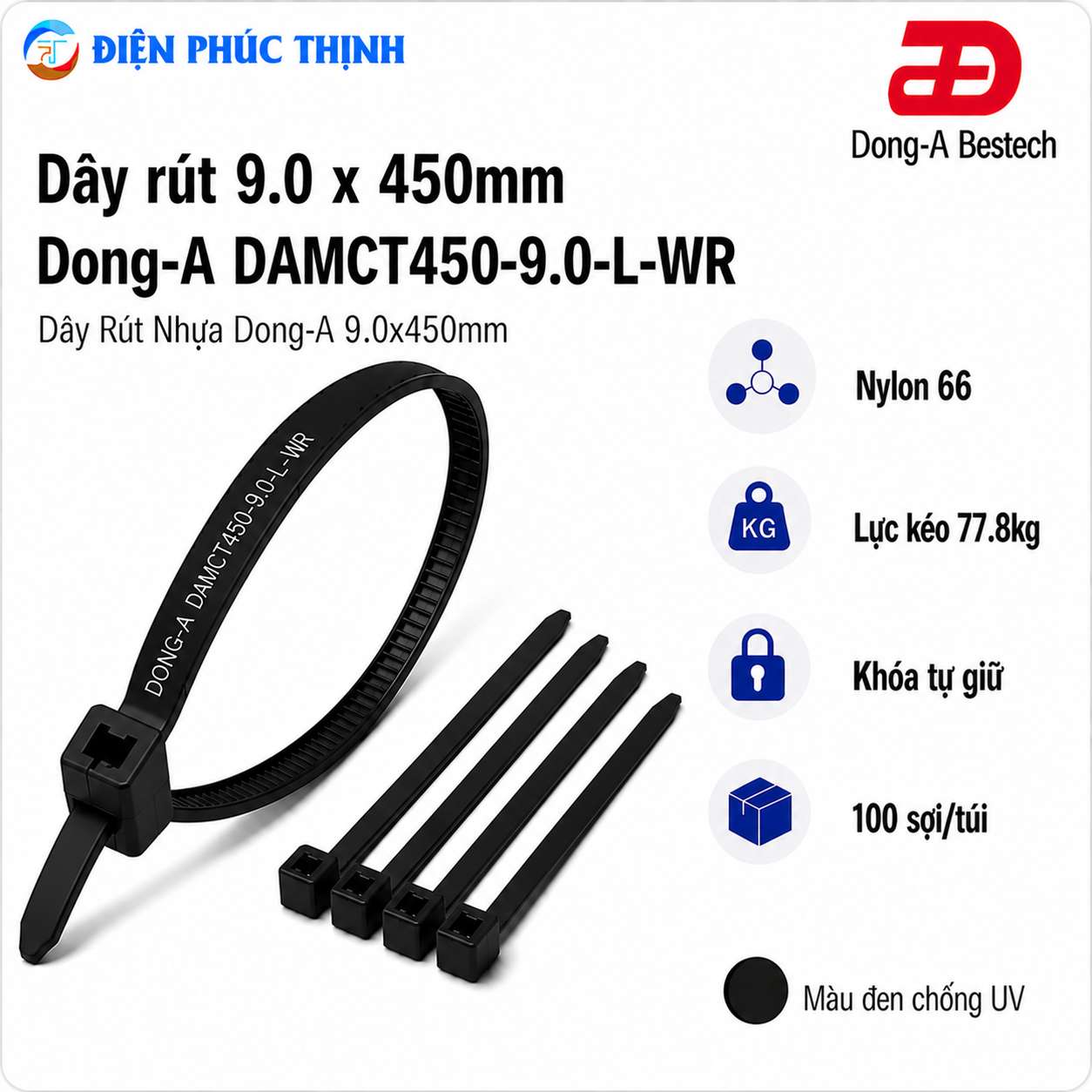 DONG-A-DAMCT450-9.0-L-WR / Dây Rút Nhựa Dong-A 9.0×450mm Chống UV
