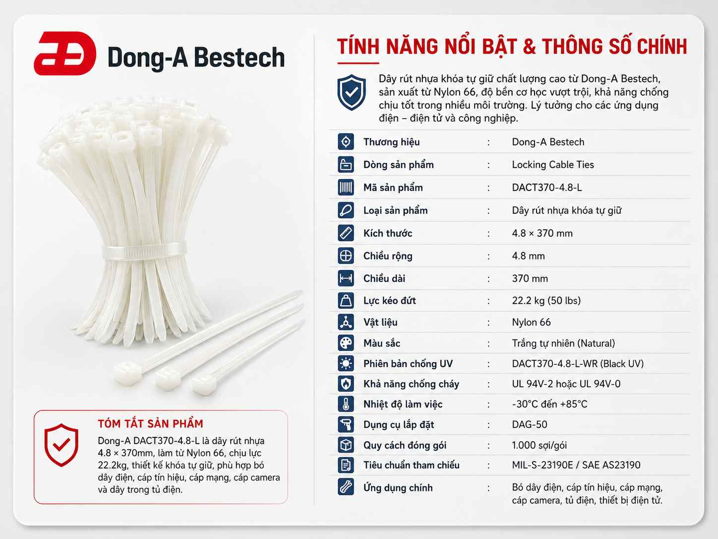 DONG-A-DACT370-4.8-L / Dây Rút Nhựa Dong-A 4.8x370mm