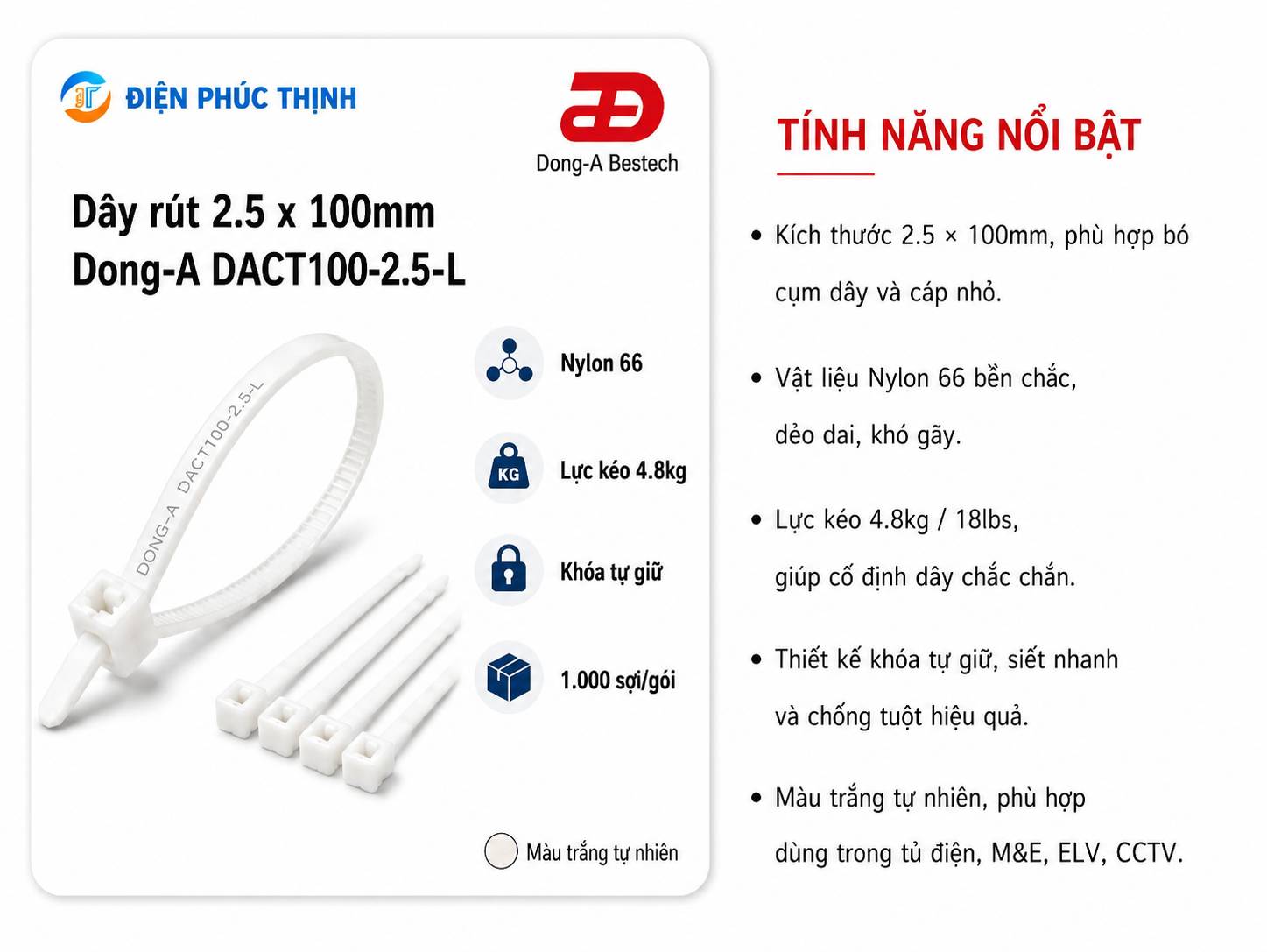 DONG-A-DACT100-2.5-L / Dây Rút Nhựa Dong-A 2.5x100mm