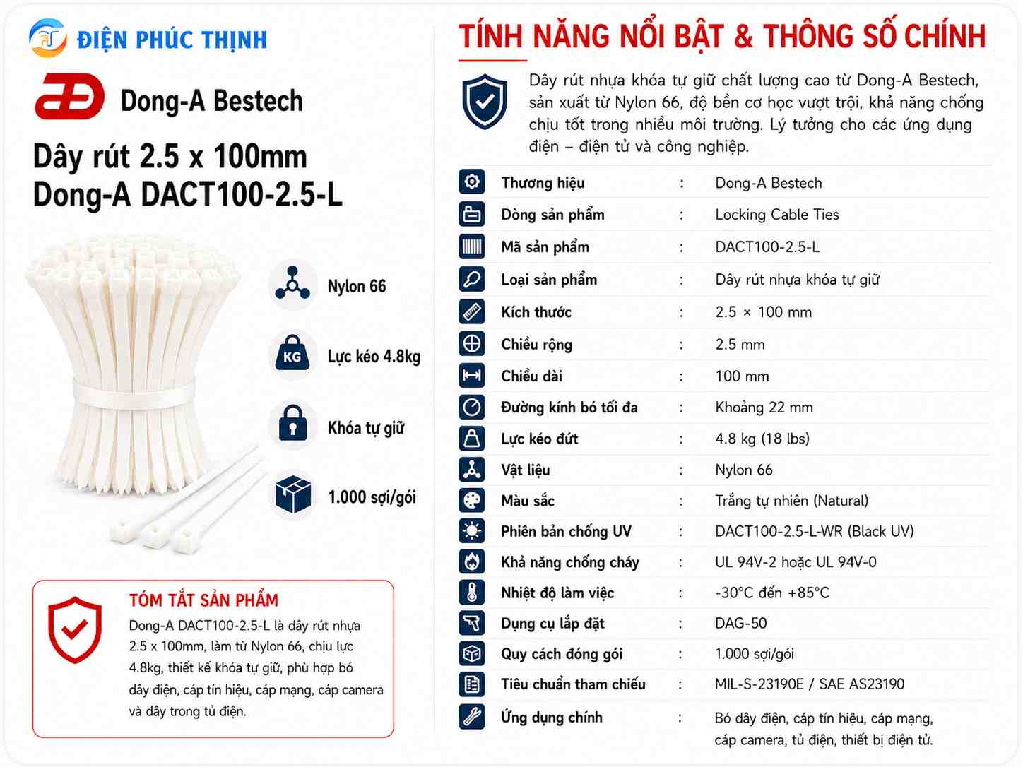 DONG-A-DACT100-2.5-L / Dây Rút Nhựa Dong-A 2.5x100mm