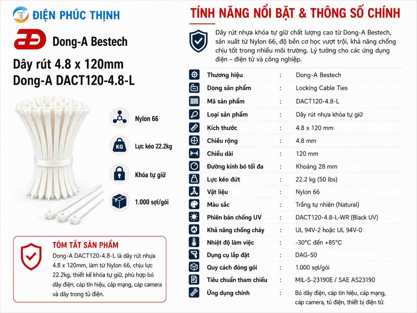 DONG-A-DACT120-4.8-L / Dây Rút Nhựa Dong-A 4.8x120mm